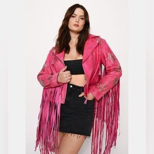 Nasty Gal Real Leather Star Studded Fringe Jacket in Pink NWT